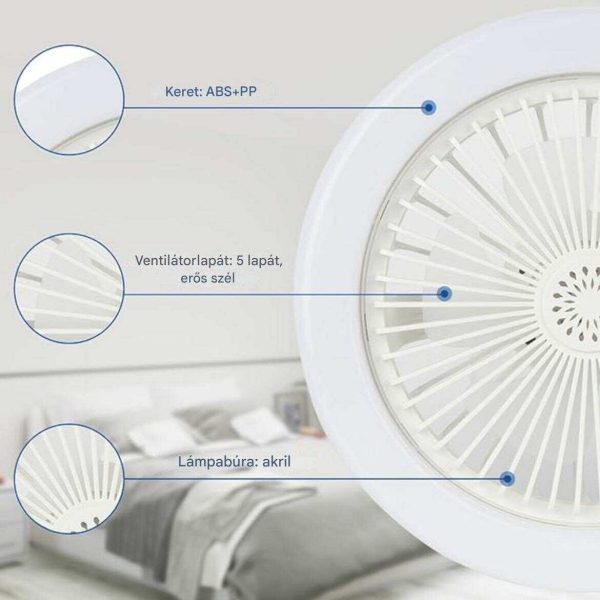 Ultra-csendes Multifunkciós Szabályozható LED Ventilátor Lámpa E27 Foglalattal és Távirányítóval (Ø 24 cm, 21W, 5 Lapátos Erős Légáram) - Image 4