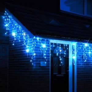 Karácsonyi jégcsap fényfüzér 19+1,5 méter fehér kábel, 500 LED, toldható, Kék, IP44