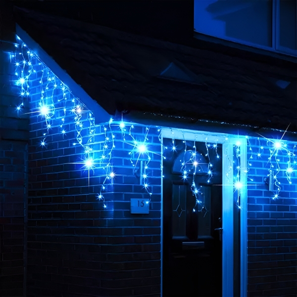 Karácsonyi jégcsap fényfüzér 19+1,5 méter fehér kábel, 500 LED, toldható, Kék, IP44