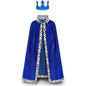 Kék színű király jelmez gyerekeknek hosszú köpennyel és koronával Király kékben a birodalom ura