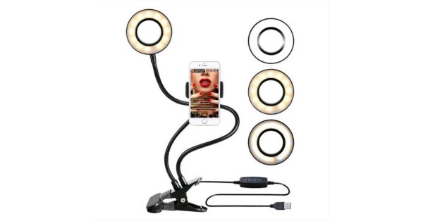Asztalhoz csíptethető körszelfi lámpa , telefontartóval ,led világítással , 26 cm