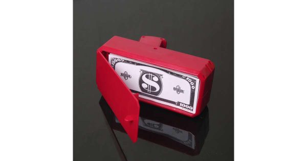Money gun – piros színű elektromos pénzkilövő pisztoly 100 db játék bankjeggyel - Image 4
