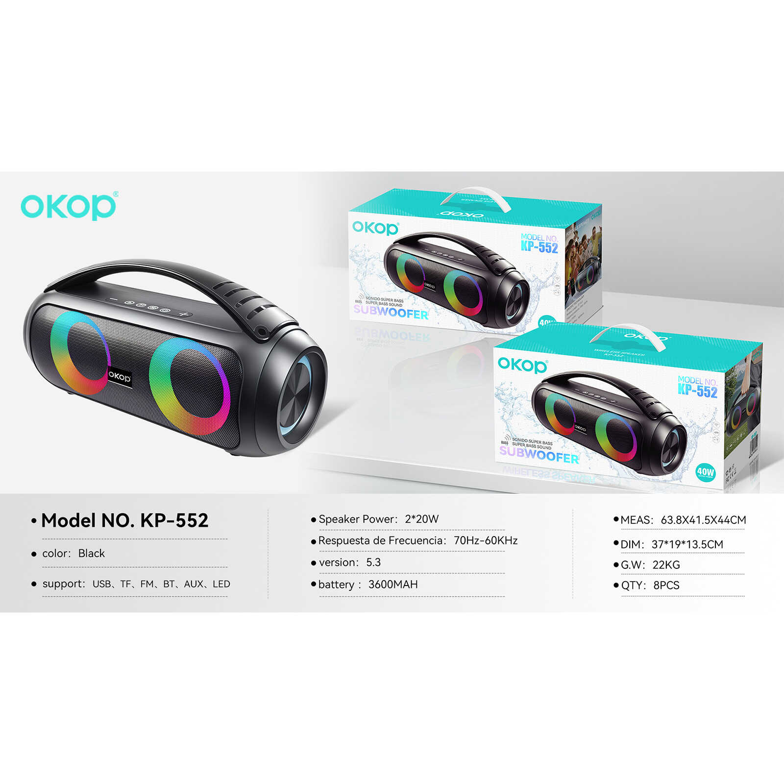 OKOP KP-552 Hordozható Bluetooth Hangszóró 2x20W, 3600mAh Akku, Beépített SUBWOOFER - Image 3