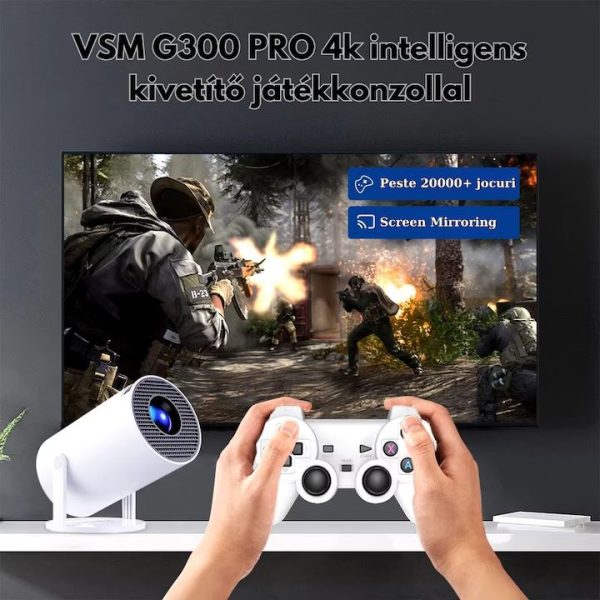 Intelligens 4k videoprojektor játékkonzollal, VSM, Android TV 11.0, távirányító, WiFi 6, Bluetooth 5.0, 130 hüvelykes vetítővászon, automatikus képkorrekció, négymagos, 280 ANSI, beépített hangszóró, HDMI, USB, fehér - Image 3