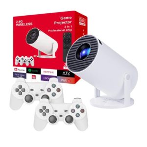 Intelligens 4k videoprojektor játékkonzollal, VSM, Android TV 11.0, távirányító, WiFi 6, Bluetooth 5.0, 130 hüvelykes vetítővászon, automatikus képkorrekció, négymagos, 280 ANSI, beépített hangszóró, HDMI, USB, fehér