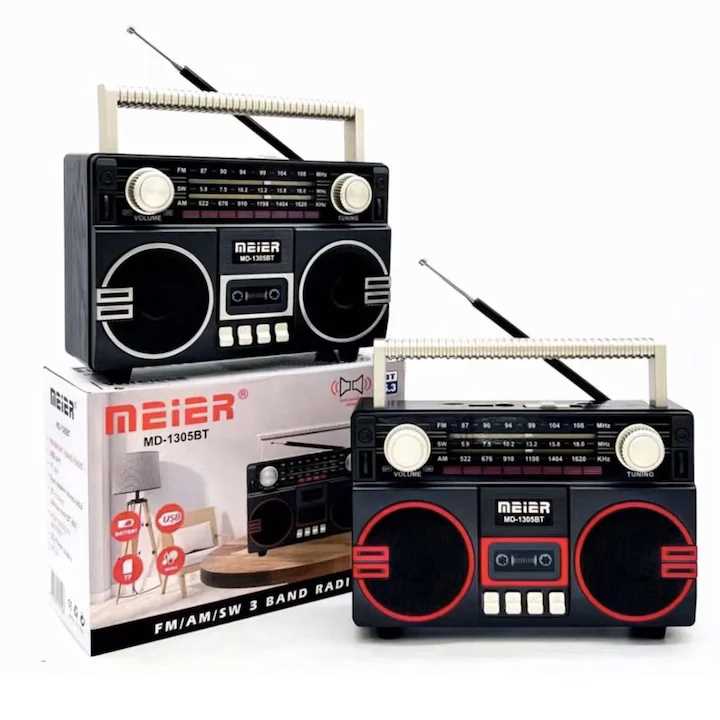 MEIER MD-1305BT Hordozható Rádió Retró Stílusban Bluetooth-szal, USB/SD és FM/AM/SW Funkciókkal