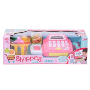 Rózsaszín kis pénztárgép , kosárral és kiegészítőkkel , hang és fény hatásokkal