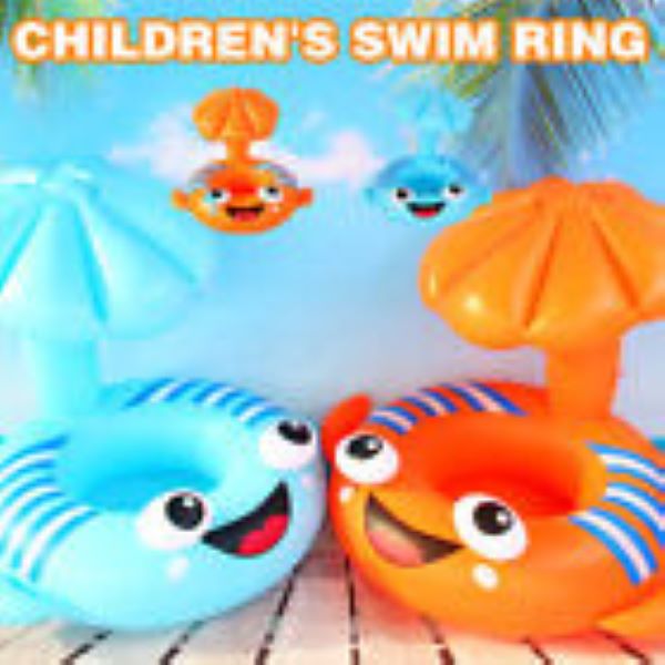 Felfújható ,beleülős gyerek úszógumi napellenzővel ,halacskás .kék és narancs színben - Image 7