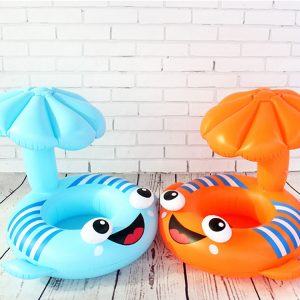 Felfújható ,beleülős gyerek úszógumi napellenzővel ,halacskás .kék és narancs színben