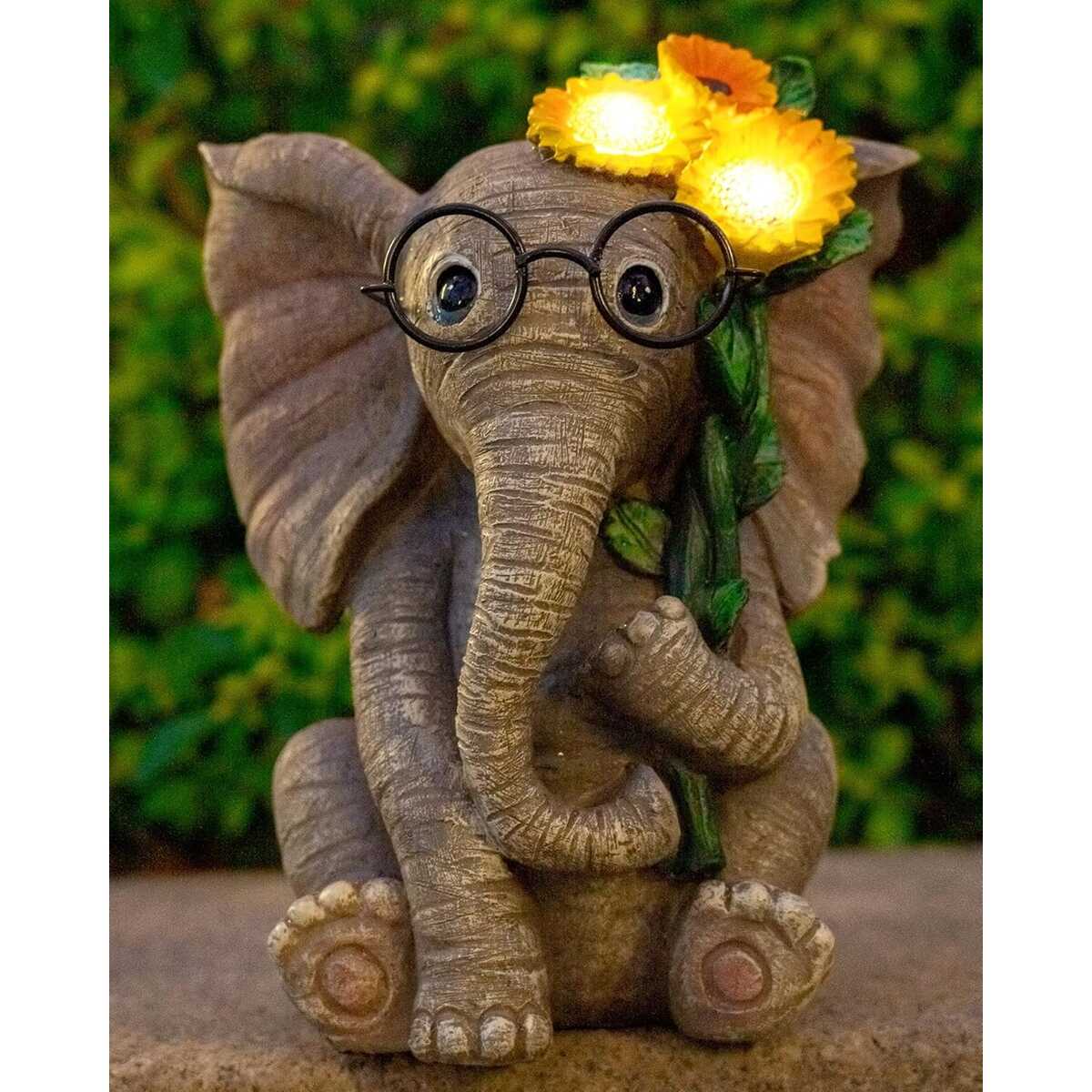 Vidám Elefánt Napelemes Kerti Dekorációs Lámpa - Napszemüveges Elefántvirággal 30cm - Image 8