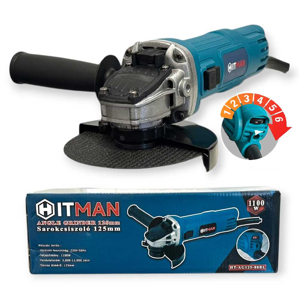Hitman HT-AG125-88BL Sarokcsiszoló, 125mm, 1100W, Fordulatszám-szabályozóval