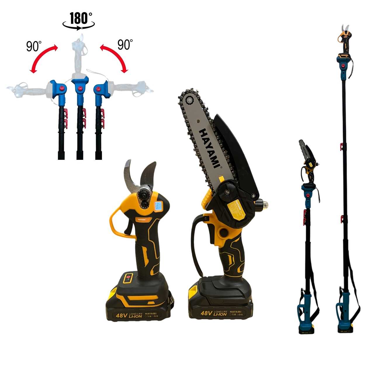 HAYAMI HA-1008 Akkumulátoros Készlet: Láncfűrész, Metszőolló és Teleszkópos Nyél, 2x48V 5.0Ah Akkuval
