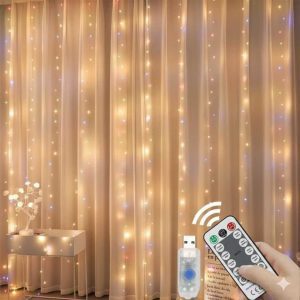 LED fényfüggöny/ drótfüzér távírányítóval, függönyre akasztható, Melegfehér 3x2 méter