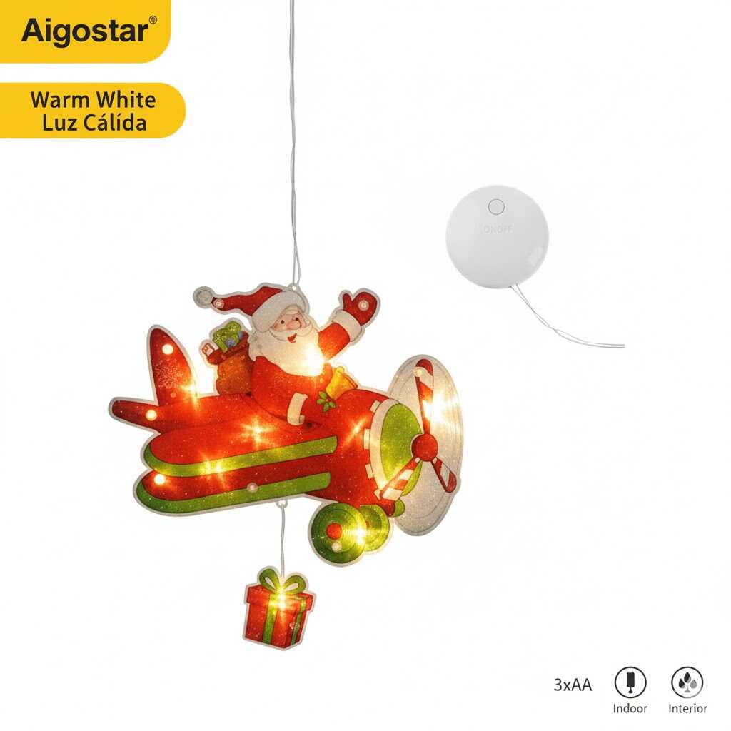 Aigostar Ledes Mikulás Repülőn érkezik Ablak és karácsonyfa Dekoráció, 10 LED, elemes, melegfehér 20 cm - Image 2