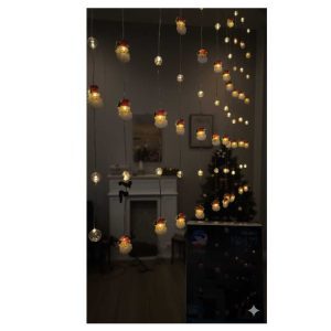 Karácsonyi 5 méteres fényfüggöny mikulás és hógömb mintával melegfehér