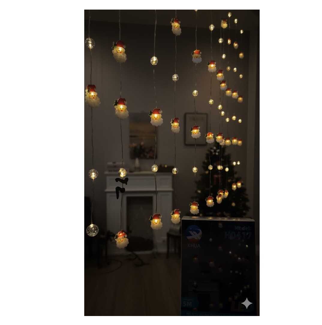 Karácsonyi 5 méteres fényfüggöny mikulás és hógömb mintával melegfehér