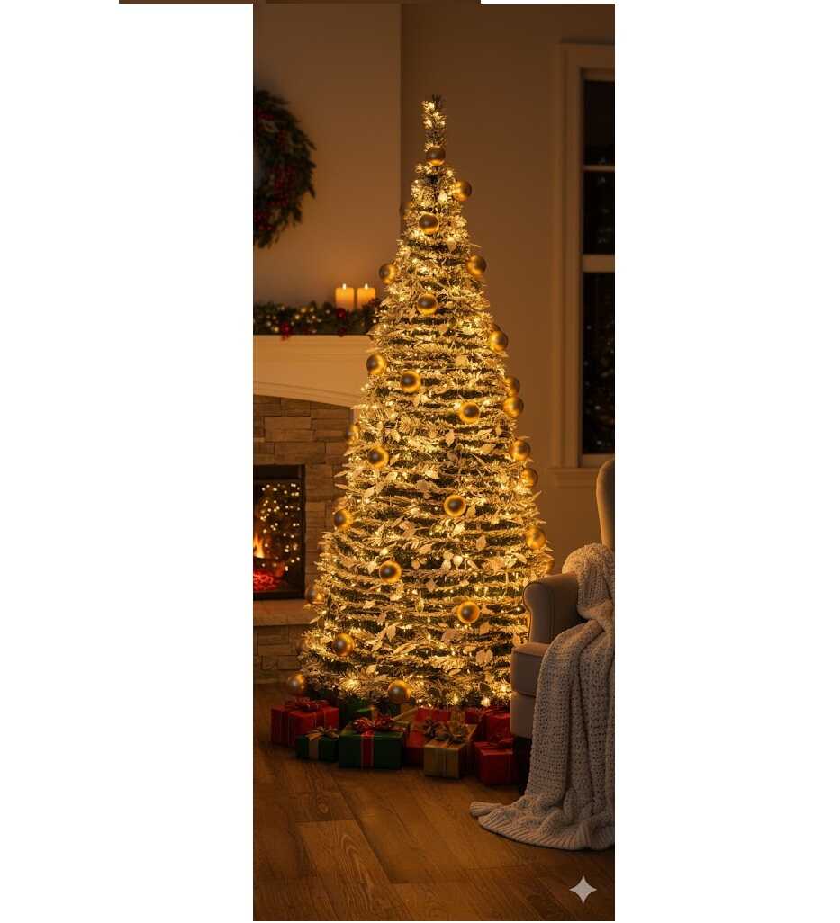 Fényvarázs Összecsukható Harmónika Hófenyő, Karácsonyfa Műfenyő 180 cm, Beépített LED Világítással és Aranyszínű Díszekkel - Image 2