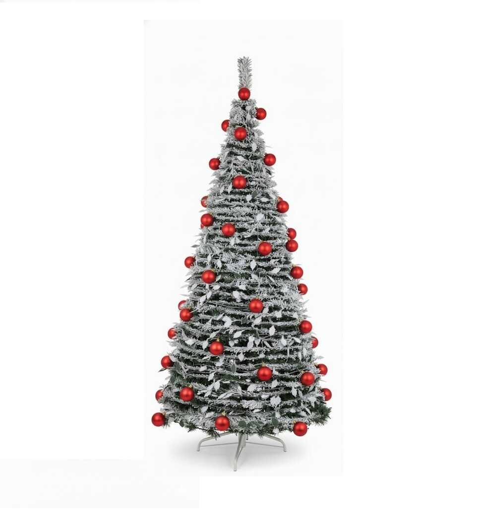 Fényvarázs Összecsukható Hófenyő,Karácsonyfa Műfenyő 180 cm, Beépített LED Világítással és Piros Díszekkel - Image 2