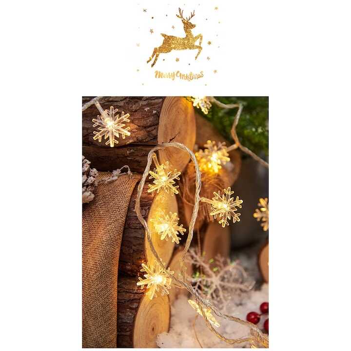 Karácsonyi Elemes Hópehely LED Fényfüzér, 2 méteres, 10 hópehely LED, melegfehér - Image 2