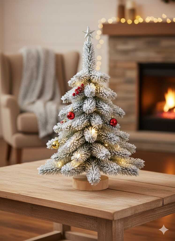 Zúzmarás Mini Karácsonyfa, műfenyő asztali díszfenyő 30 cm, Havas, zöld Fa Talppal - Image 2