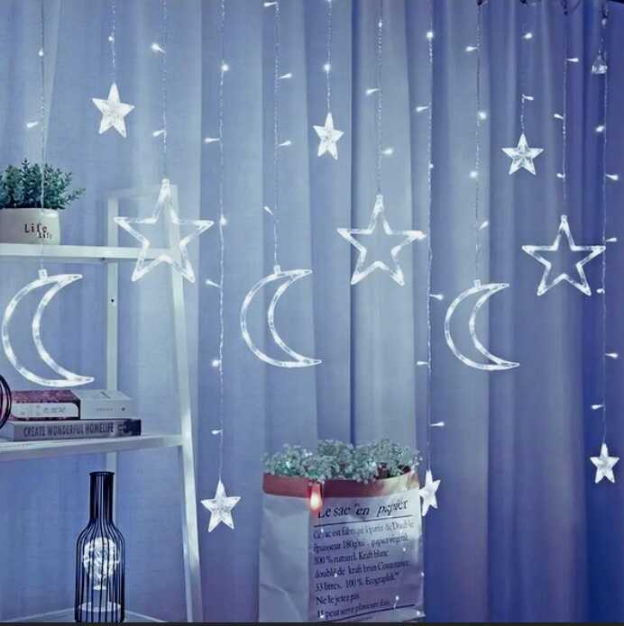 Karácsonyi Éjeli Fényfüggöny Éjeli Hold és Csillag, 2.5 m, 120 LED, Hidegfehér - Image 3