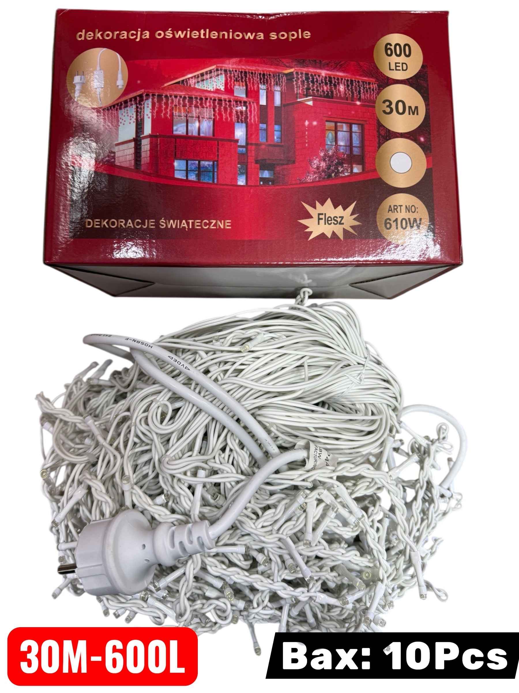 Karácsonyi Jégcsap LED Fényfüzér, 30 méteres, 600 LED, Hideg fehér kültéri ip 44 610W - Image 2