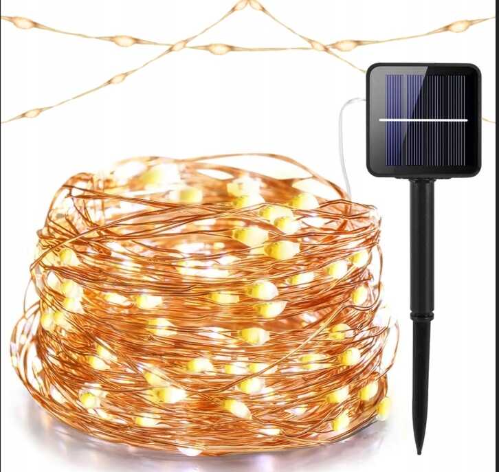 Karácsonyi Napelemes 10 méteres drót fényfűzér melegfehér 200 led