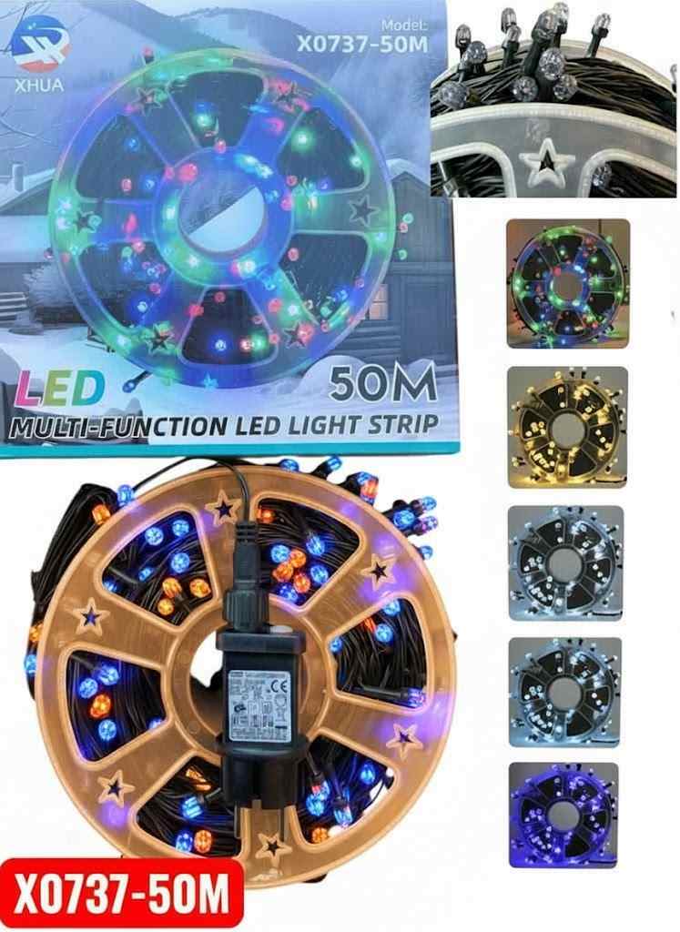 50 méteres BIG led Karácsonyi fényfűzér, Égősor RGB színes Nagy ledekkel, 8 funkciós kül és beltéri élénk szín IP44 X0733