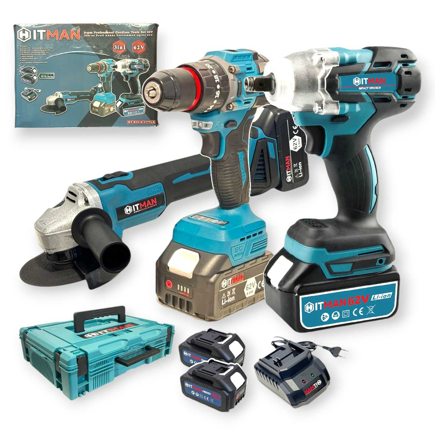 Hitman HT-BACD-3777LX Profi Akkus Szerszámkészlet, 62V, 3 az 1-ben: Ütvefúró, Ütvecsavarozó, Sarokcsiszoló