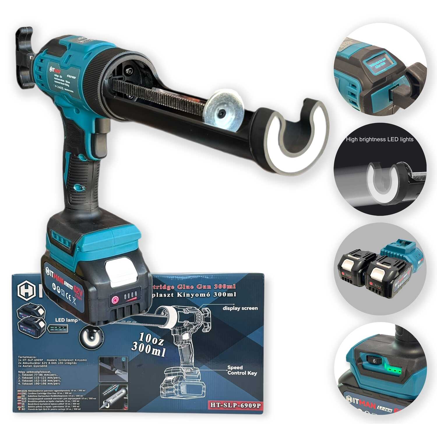 Hitman HT-SLP-6909P Akkus Sziloplaszt Kinyomópisztoly, 62V, 6 Sebességfokozat, LED Fénnyel