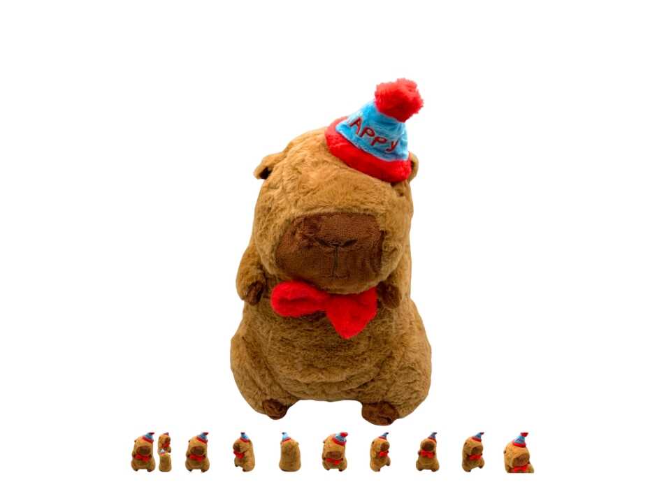 Kalapos Capybara plüss , piros csokornyakendővel , 40 cm