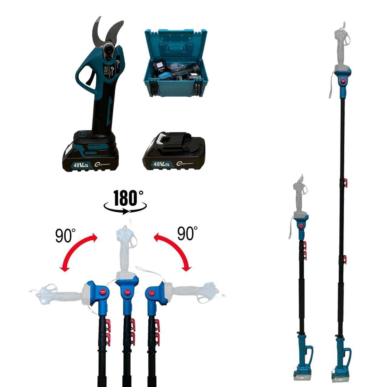 Dauerkraft Akkus metszőolló és teleszkópos hosszabbító kar szett, 32mm vágási átmérő, 200cm-ig