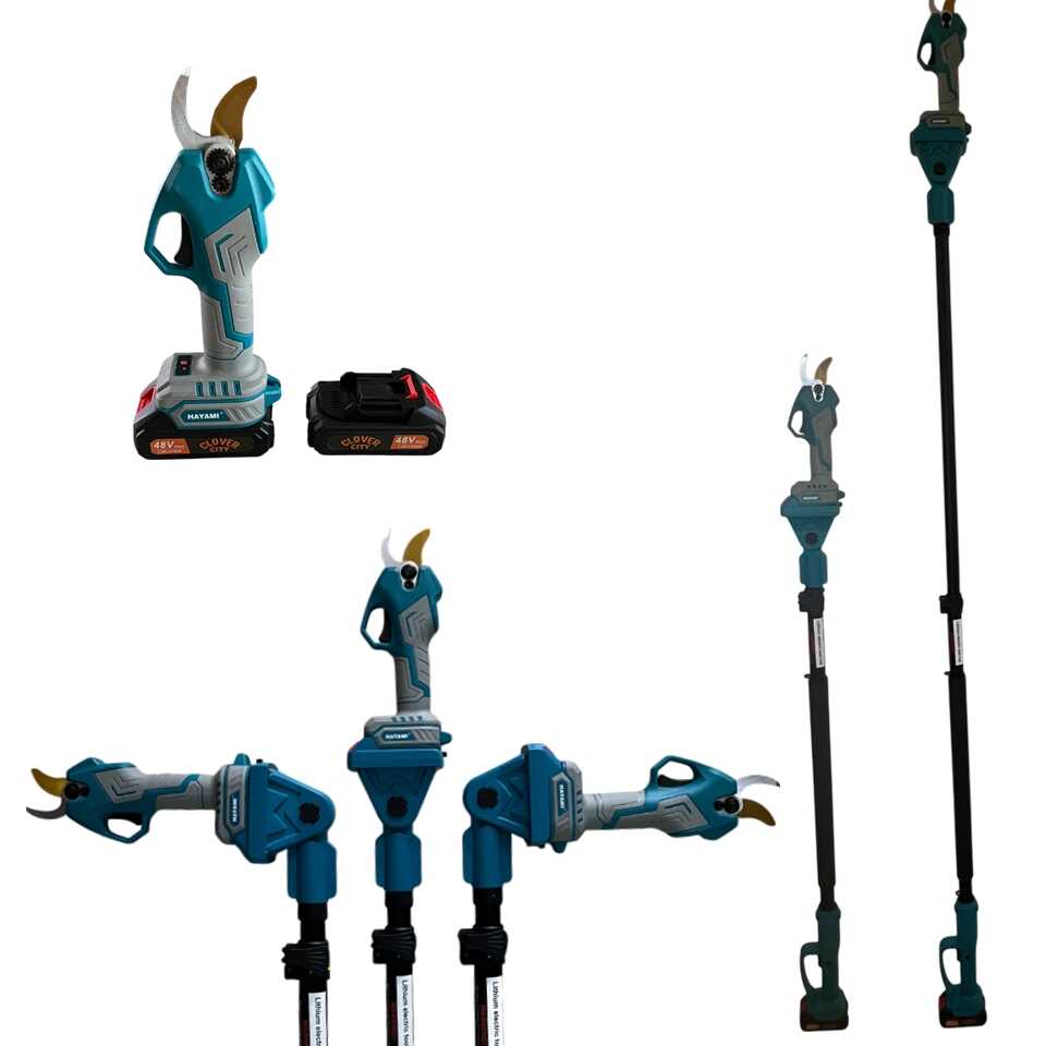 HAYAMI Akkus metszőolló és 2 méterig nyitható teleszkópos hosszabbító kar szett, 30 mm vágási átmérő, LCD kijelzővel