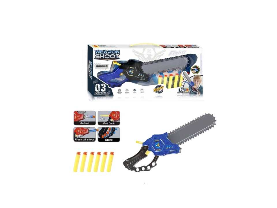Láncfűrész formájú játékfegyver , 6 db puha tölténnyel