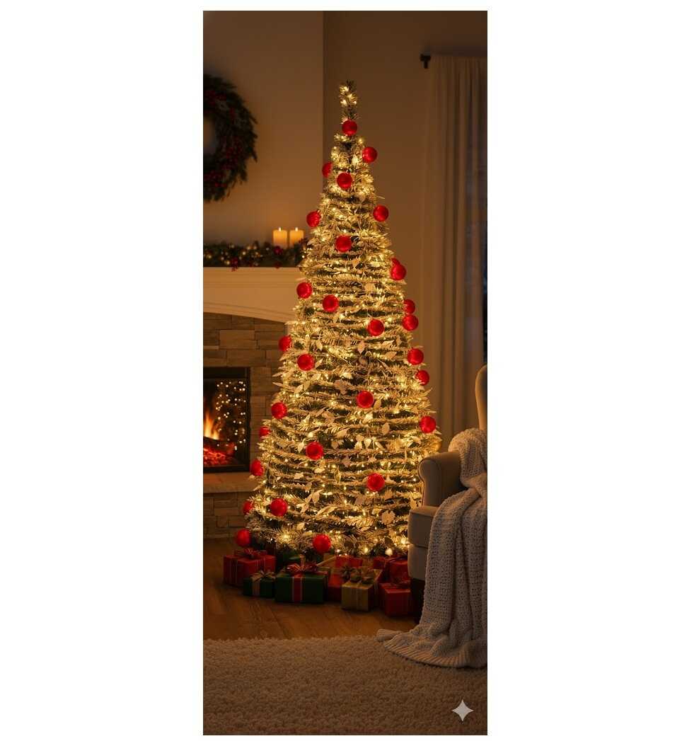 Fényvarázs Összecsukható Hófenyő,Karácsonyfa Műfenyő 180 cm, Beépített LED Világítással és Piros Díszekkel - Image 3