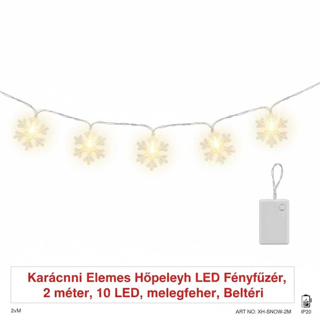 Karácsonyi Elemes Hópehely LED Fényfüzér, 2 méteres, 10 hópehely LED, melegfehér - Image 3