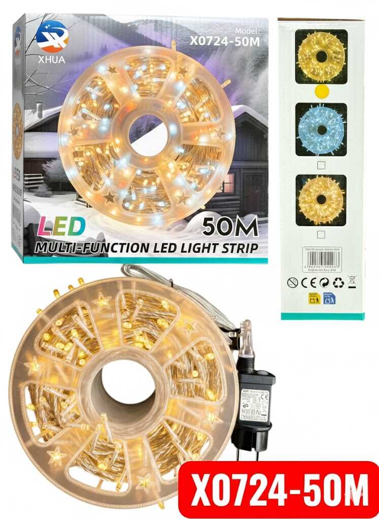 50 méteres Karácsonyi fényfűzér, Égősor Melegfehér, 8 funkciós kül és beltéri élénk szín ip44 X0724