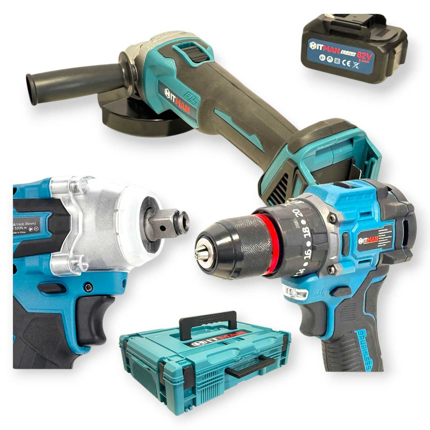 Hitman HT-BACD-3777LX Profi Akkus Szerszámkészlet, 62V, 3 az 1-ben: Ütvefúró, Ütvecsavarozó, Sarokcsiszoló - Image 2