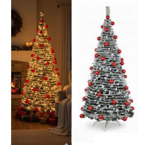 Fényvarázs Összecsukható Hófenyő,Karácsonyfa Műfenyő 180 cm, Beépített LED Világítással és Piros Díszekkel