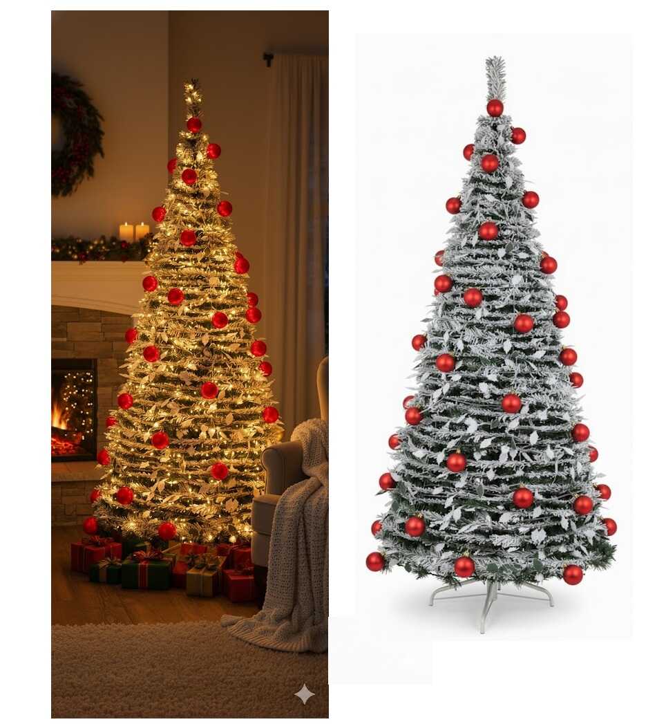 Fényvarázs Összecsukható Hófenyő,Karácsonyfa Műfenyő 180 cm, Beépített LED Világítással és Piros Díszekkel