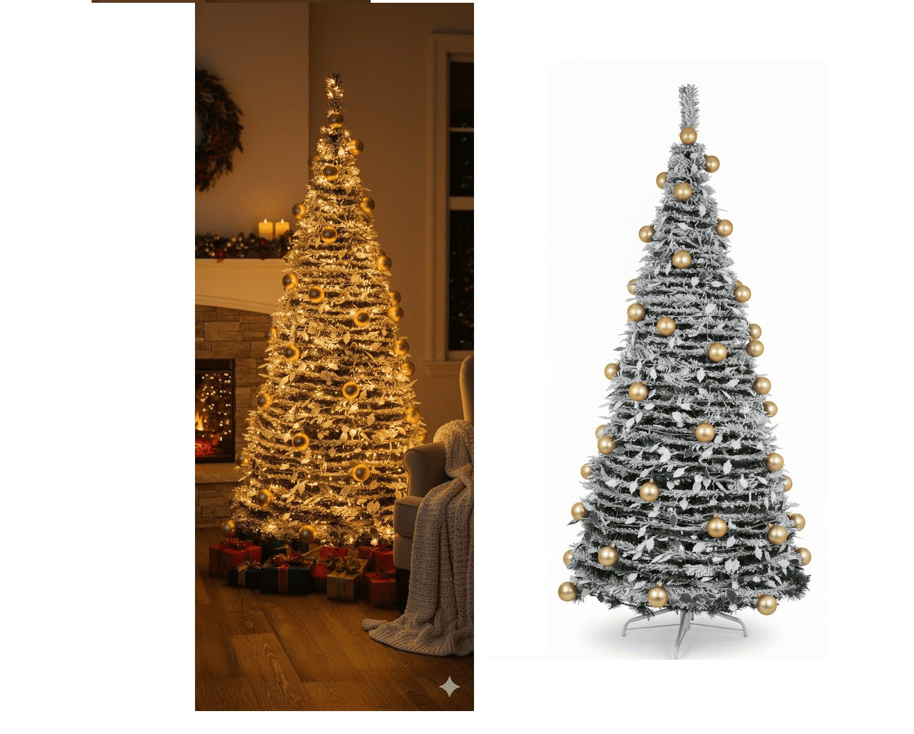 Fényvarázs Összecsukható Harmónika Hófenyő, Karácsonyfa Műfenyő 180 cm, Beépített LED Világítással és Aranyszínű Díszekkel - Image 4