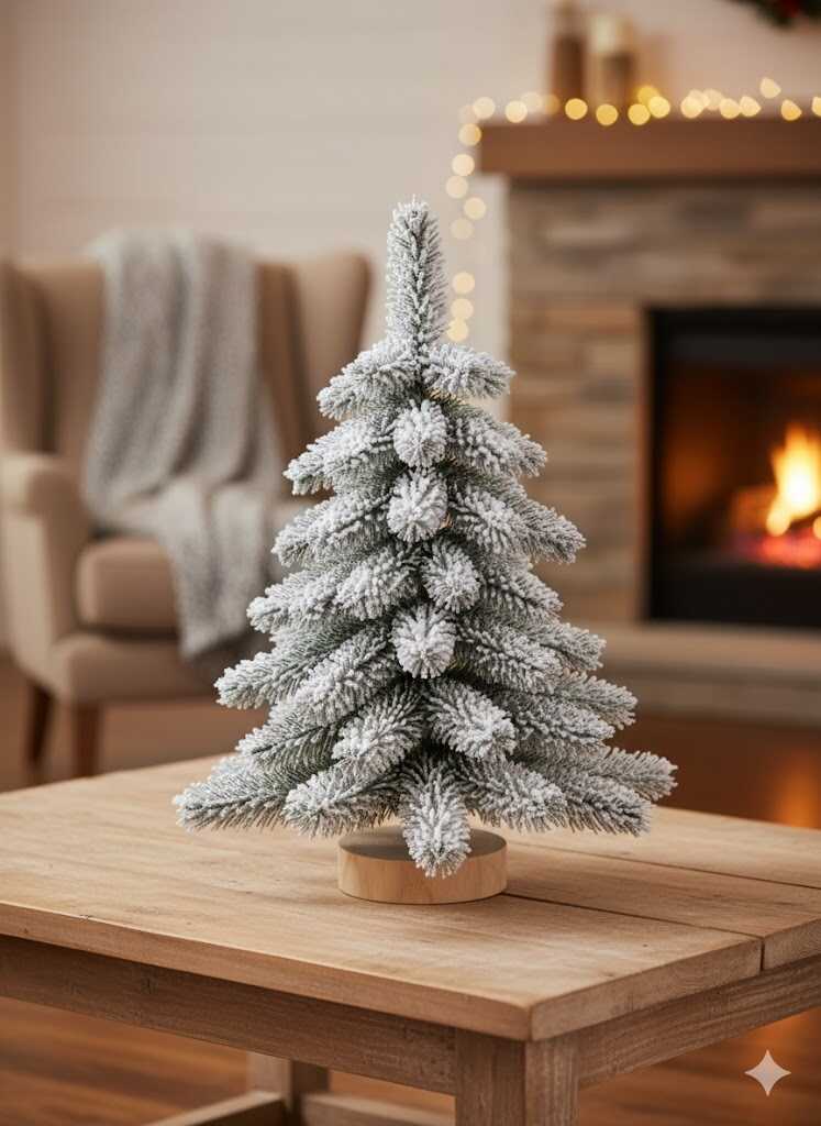 Zúzmarás Mini Karácsonyfa, műfenyő asztali díszfenyő 30 cm, Havas, zöld Fa Talppal - Image 4