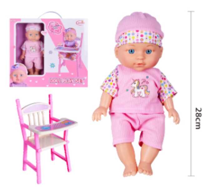 Játék baba etetőszékkel , 28 cm