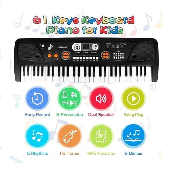 Hordozható gyermekzongora kottatartóval és mikrofonnal , 61 billentyű ,LCD kijelzővel és USB bemenet - Image 3