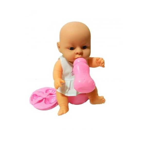 Síró és pisilő játék baba , bilivel és étkészlettel