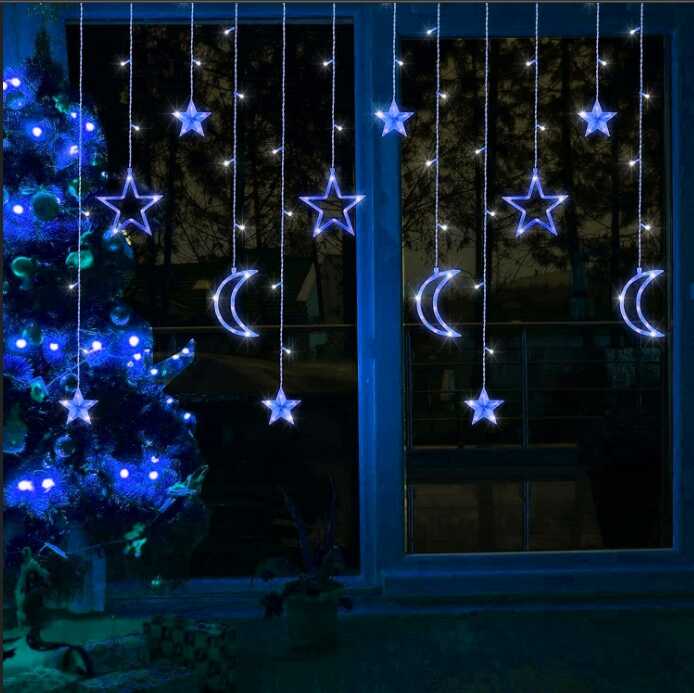 Karácsonyi Éjeli Fényfüggöny Éjeli Hold és Csillag, 2.5 m, 120 LED, Hidegfehér