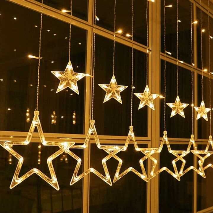 Karácsonyi Fényfüggöny (12 Csillag), 2.5 méter 120 led, Melegfehér, Bővíthető, 8 Programos