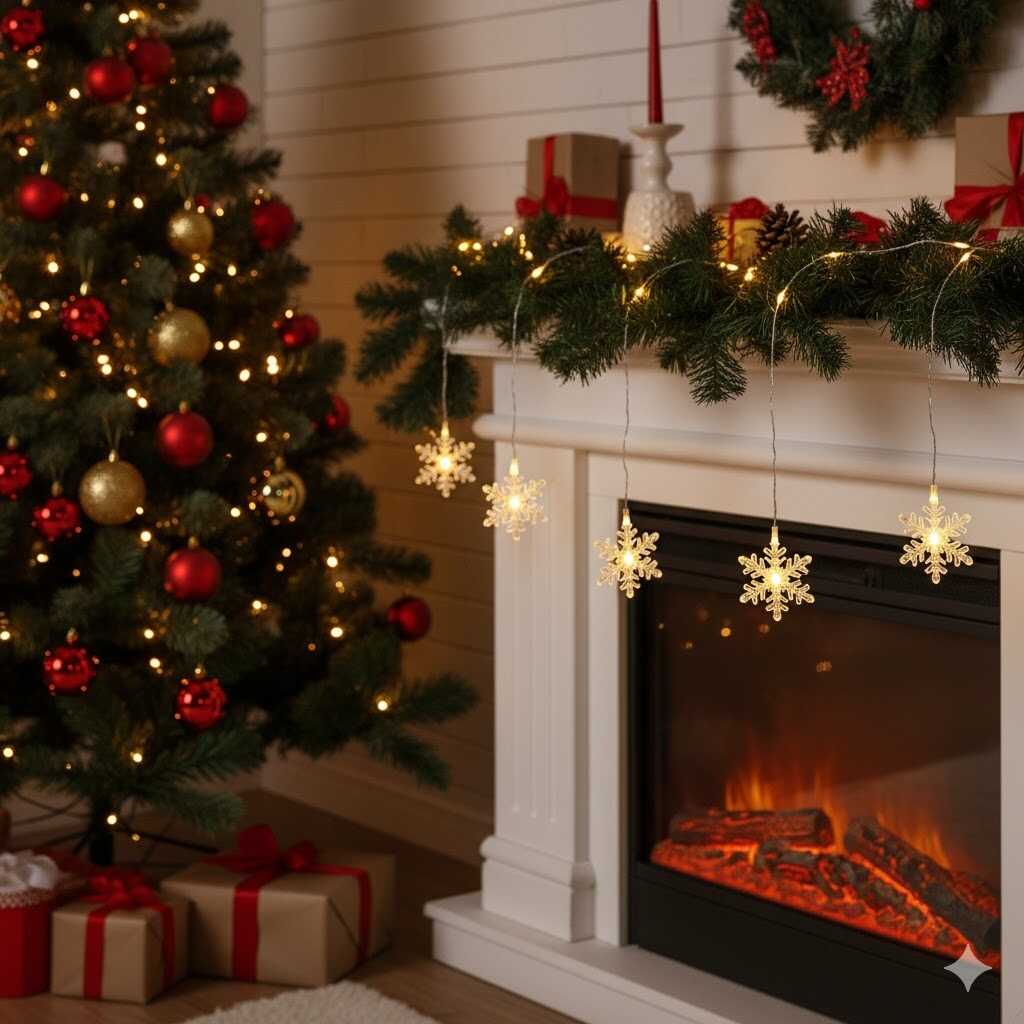 Karácsonyi Elemes Hópehely LED Fényfüzér, 2 méteres, 10 hópehely LED, melegfehér - Image 7