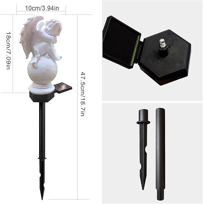 Napelemes Térdelő Angyalszobor Leszúró Karóval – Fehér Kerti Dekoráció