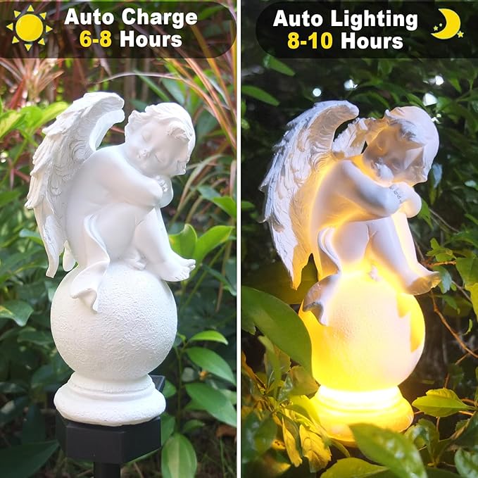 Napelemes Térdelő Angyalszobor Leszúró Karóval – Fehér Kerti Dekoráció - Image 6